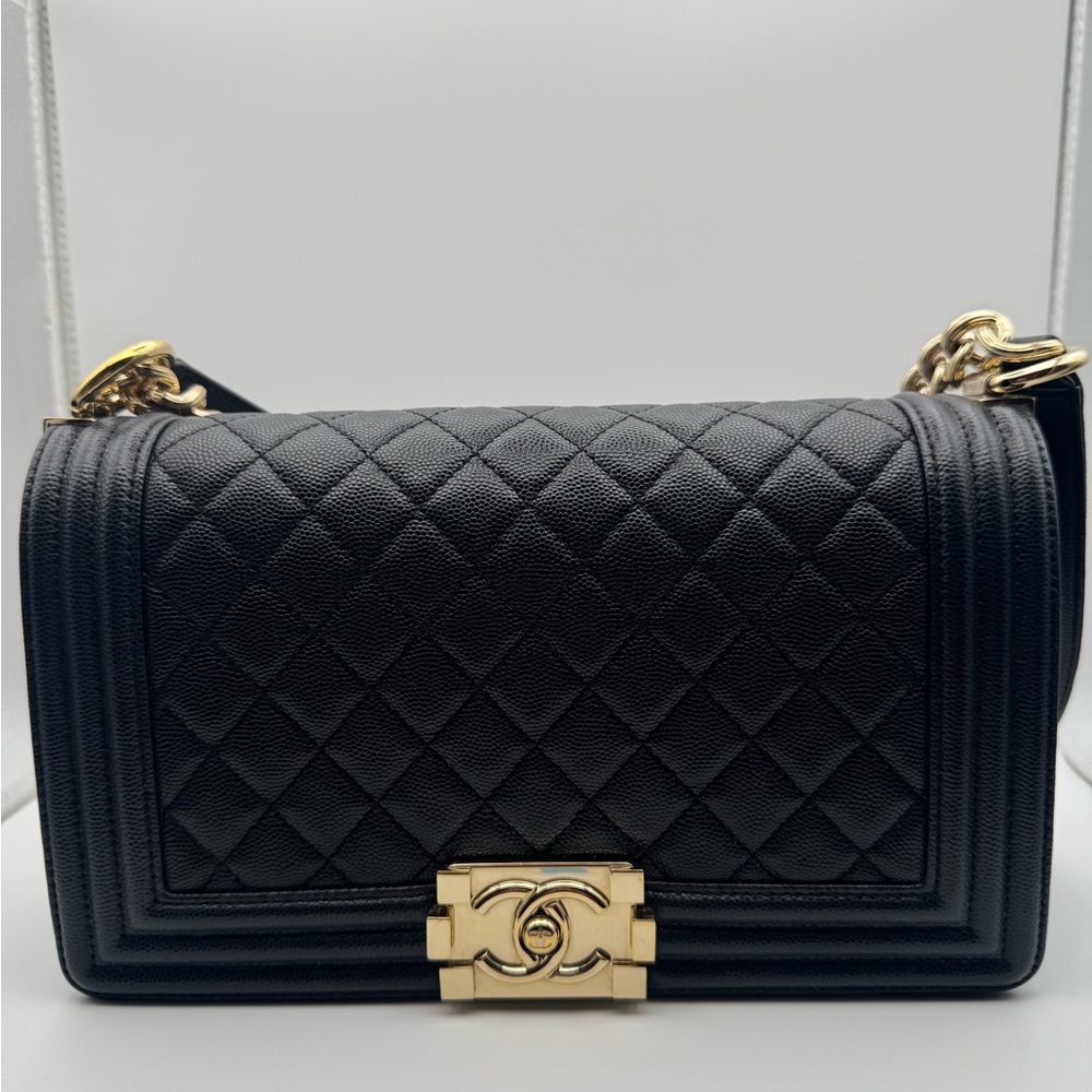 Authentic Chanel Black Quilted Leather Boy Bag with Gold Hardware Medium Sz